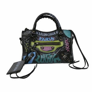 BALENCIAGA City Graffiti Paint Black Shoulder Handbag Leather